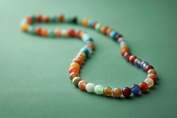 Vibrant, multi-colored bead necklace elegantly arranged in a loose, s-shaped curve on a smooth green backdrop, demonstrating the beauty of assorted gemstones used in fashion accessories