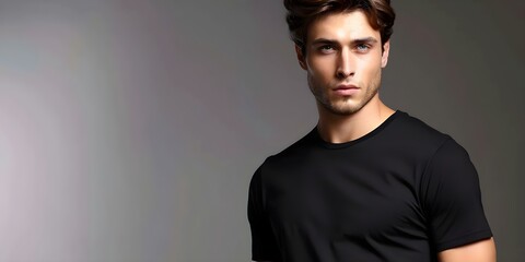 Obraz premium Elevate Male Model's Look with a Classic Black Tee. Concept Monochromatic Style, Casual Elegance, Masculine Fashion, Timeless Wardrobe, Modern Basics