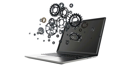 Isolated laptop with floating gears