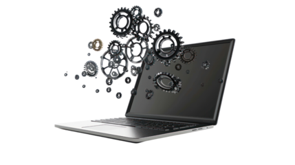 Isolated laptop with floating gears