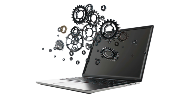 Isolated laptop with floating gears