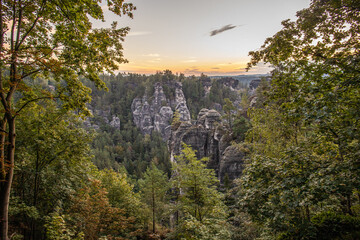 Landscape shot in the morning in a rocky landscape. On and around the Bastei Bridge in the Elbe...