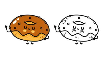 Funny cute happy Chocolate Donut characters bundle set. Vector hand drawn cartoon kawaii character illustration icon. Cute Chocolate Donut. Outline cartoon illustration for coloring book