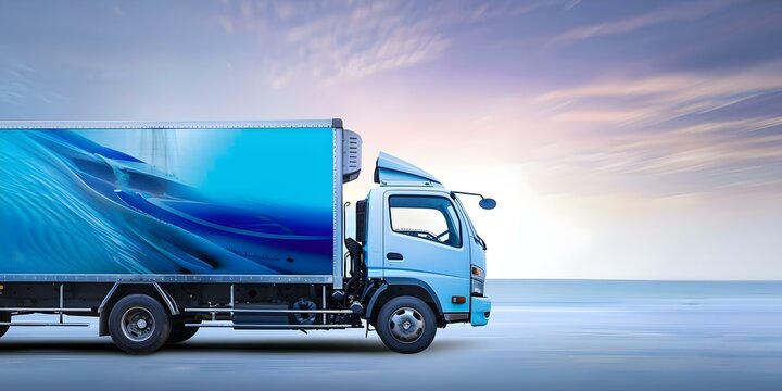 Side view of delivery truck with advertisement on white background. Concept Delivery Truck, Side View, Advertisement, White Background - Powered by Adobe