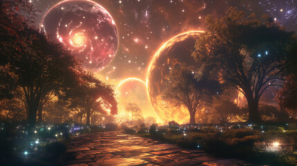 Naklejka premium Cosmic Gardens - Gardens with planets, stars, and cosmic elements.