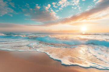 Fototapeta premium sunset over a tranquil beach, with waves gently lapping the shore under a sky painted in hues of orange and blue. Perfect for campaigns focused on travel, relaxation, and nature's beauty