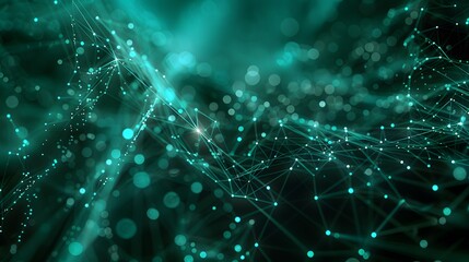 Abstract digital network connections, futuristic web data visualization, technology background with teal nodes and lines.