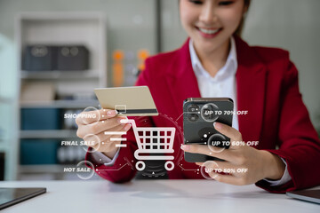 woman hand holding laptop, tablet and using credit card for online shopping.Online shopping concept.