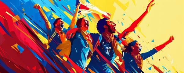 Vibrant pop art image of athletes celebrating victory with enthusiasm and energy