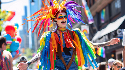 A person on stilts dressed in rainbow colors at a pride parade