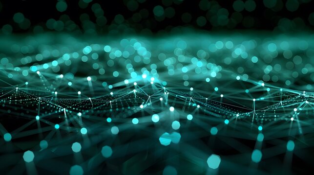 Abstract digital network visualization with glowing teal nodes and lines, representing data connections and technological communication.