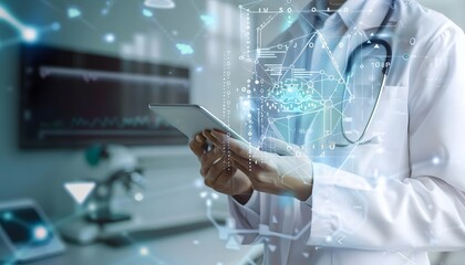 Medicine doctor touching electronic medical record on tablet. DNA. Digital healthcare and network connection on hologram modern virtual screen interface, medical technology and futuristic concept