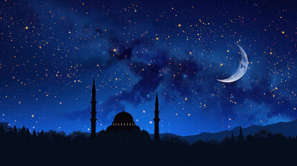 Starry Night Mosque Silhouette Scene, Eid feast, Islamic celebration, Family feast.