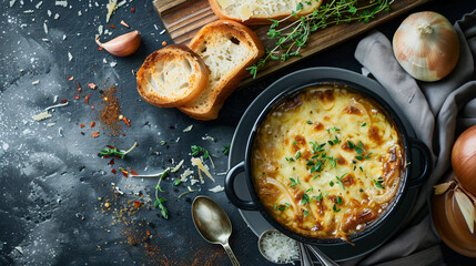 Tasty homemade french onion soup served on grey table