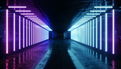 Fototapeta premium 3d render. Geometric figure in neon light against a dark tunnel. Laser glow.