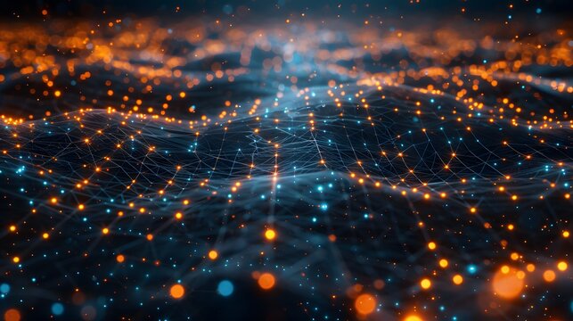 Abstract digital network with glowing nodes and connections creating a futuristic data visualization or technology background.