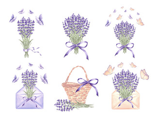 Lavender flowers bouquet in envelope with butterflies. Wicker basket with bow. Watercolor set of isolated hand drawn illustration. Vintage floral herb clipart for card, tableware, textile, embroidery.