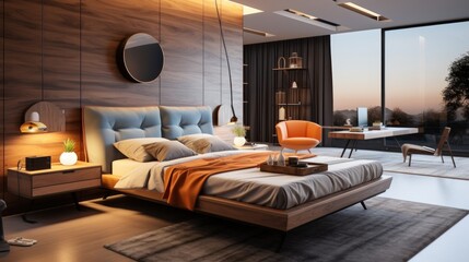 Interior of modern bedroom. Elegant Minimalist bedroom. Beautiful and large bedroom interior. Interior of a bright bedroom.