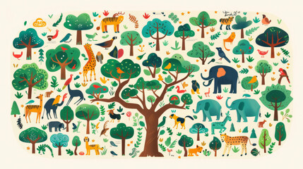 Colorful illustration of a variety of stylized animals including giraffes, elephants, and lions in a whimsical forest setting, with playful patterns and shapes.