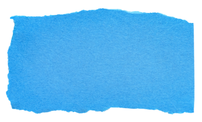 Isolated cut out torn piece of blank blue paper note cardboard with texture and copy space for text, transparent png background design element
