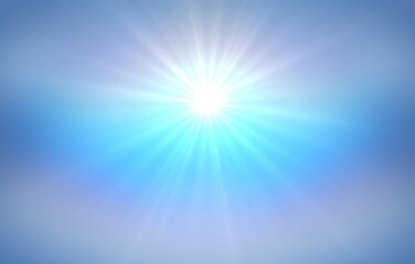 Bright glare on blue azure pearlescent symmetrical backdrop. Sunshine in heaven background.