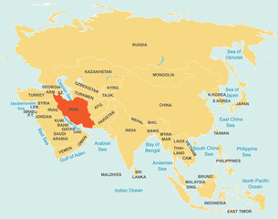 Highlighted red map of IRAN inside orange detailed tagged map of Asia using orthographic projection on blue background