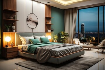 Interior of modern bedroom. Elegant Minimalist bedroom. Beautiful and large bedroom interior. Interior of a bright bedroom.