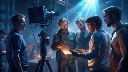 A group of filmmakers collaborate on production notes in a well-lit studio, with a male Caucasian videographer holding a camera