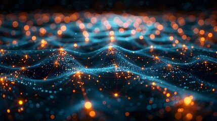 Abstract digital wave background with glowing particles, representing data flow and communication in technology and networks.