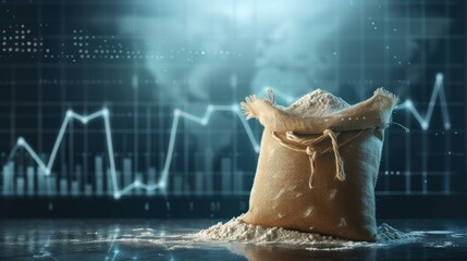 A full flour bag with grains spilling out is set against a digital backdrop with blue stock market graphs, illustrating concepts of supply and demand in the grain market.