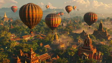 Fototapeta premium Ballooning Over Burma: Colorful hot air balloons float above an ancient temple landscape at sunrise, with lush greenery and scattered pagodas under a warm, golden-hued sky.