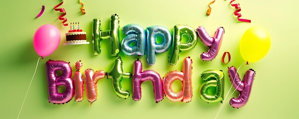 Happy Birthday written with beautiful stylish letters on a plain lime green background with bright balloons and a cake in the corner