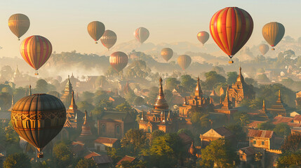 Ballooning Over Burma: Numerous colorful hot air balloons floating over an ancient temple-studded landscape bathed in the warm glow of sunrise. - Powered by Adobe