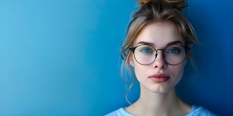 Fototapeta premium Serious woman with glasses facing the camera in a high-quality image. Concept Portrait Photography, Professional Image, Business Woman Style