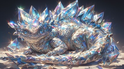 3D tuatara made of clear diamonds, shiny translucent, simple bright clear background with diamond texture, light reflection effect, high resolution, detailed texture, sparkling effect, bright colors, 