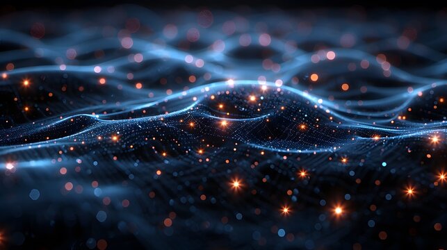 Abstract digital wave with glowing particles and lines, representing futuristic technology, data analysis, and digital communication.