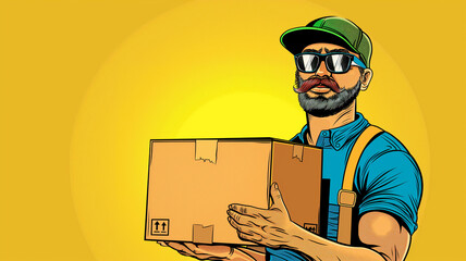 Pop art business concept. Male cargo man yellow background in pop art retro comic style. Cargo driver working in the transportation industry.