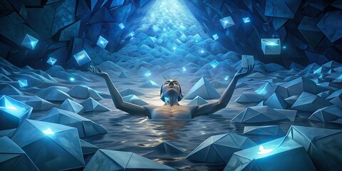 A stylized image of a person drowning in a sea of emails, visually depicting the overwhelming volume of electronic communication that can engulf individuals in the digital age