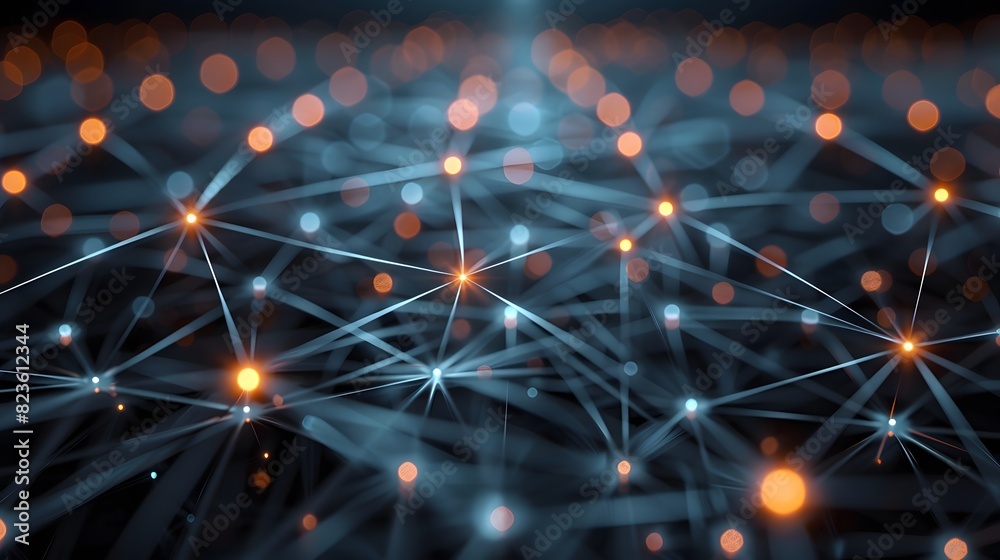 Poster abstract futuristic network structure with glowing nodes and connections, representing data, technol