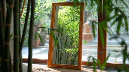 Angle view captures wooden mirror, modern bamboo decor.