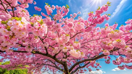 A view of a Japanese cherry blossom tree in full bloom with delicate pink flowers and lush green leaves against a clear blue sky