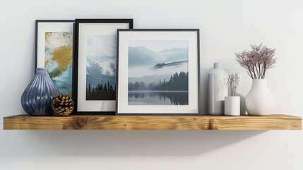 Artwork and decor items on a sleek wood floating shelf.
