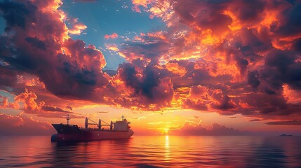 A majestic cargo ship sailing into a breathtaking sunset on the open ocean