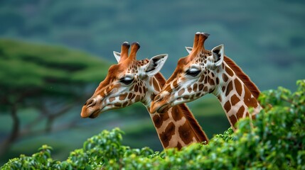 Obraz premium two beautiful giraffe near lush green tree , focus on giraffe, natural looking image with no shadows