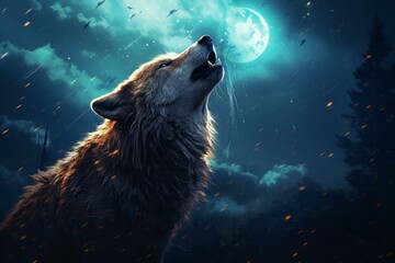 Lone wolf howls beneath a mystical full moon amidst a starry night sky and flying sparks