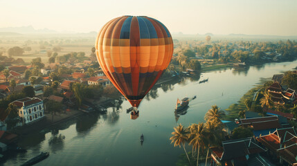 Fototapeta premium A hot air balloon floats over a serene river landscape with traditional buildings at sunrise, offering a picturesque view of a peaceful morning floating above a small Thailand town