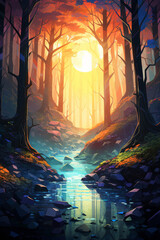 Low poly artwork of a dense, mysterious forest with a glowing stream, illuminated by soft sunlight filtering through the trees, creating an enchanting atmosphere.