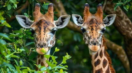 Obraz premium two beautiful giraffe near lush green tree , focus on giraffe, natural looking image with no shadows