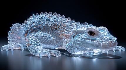 3D tuatara made of clear diamonds, shiny translucent, simple bright clear background with diamond texture, light reflection effect, high resolution, detailed texture, sparkling effect, bright colors, 