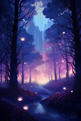 Fototapeta premium Low poly artwork, Enchanting forest at dusk with glowing fireflies, vibrant colors, and a serene stream flowing through the trees under a mystical sky.